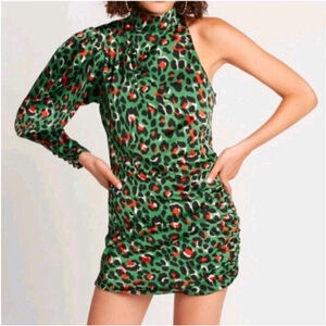 Choosy Untamed One Shoulder Leopard Mini Dress Green Ruched XS NWT Button Party